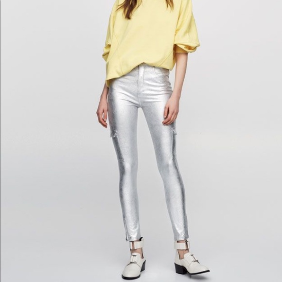 Pull&Bear Pants - Silver metallic cargo skinny jeggings jeans